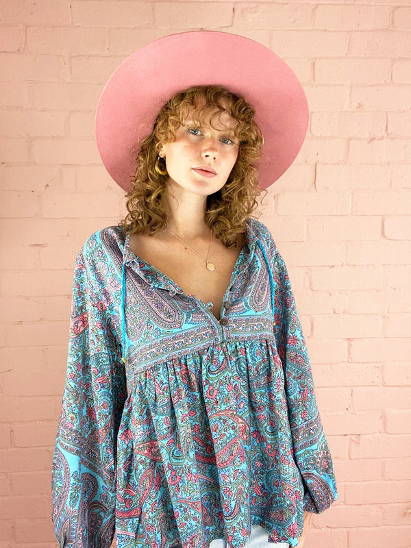 Florence Smock Top in Powder Blue & Peach Paisley Floral