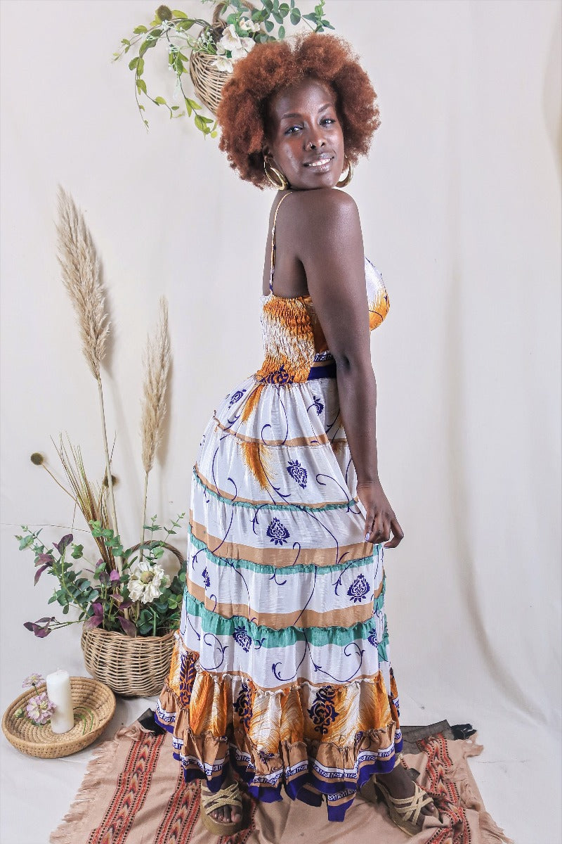 Delilah Maxi Dress - Salt White & Amber Feathers - Vintage Sari - Free Size M/L By All About Audrey