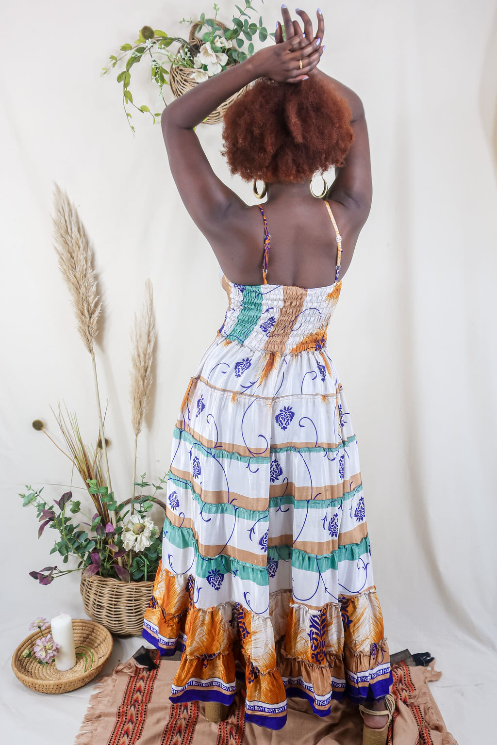 Delilah Maxi Dress - Salt White & Amber Feathers - Vintage Sari - Free Size M/L