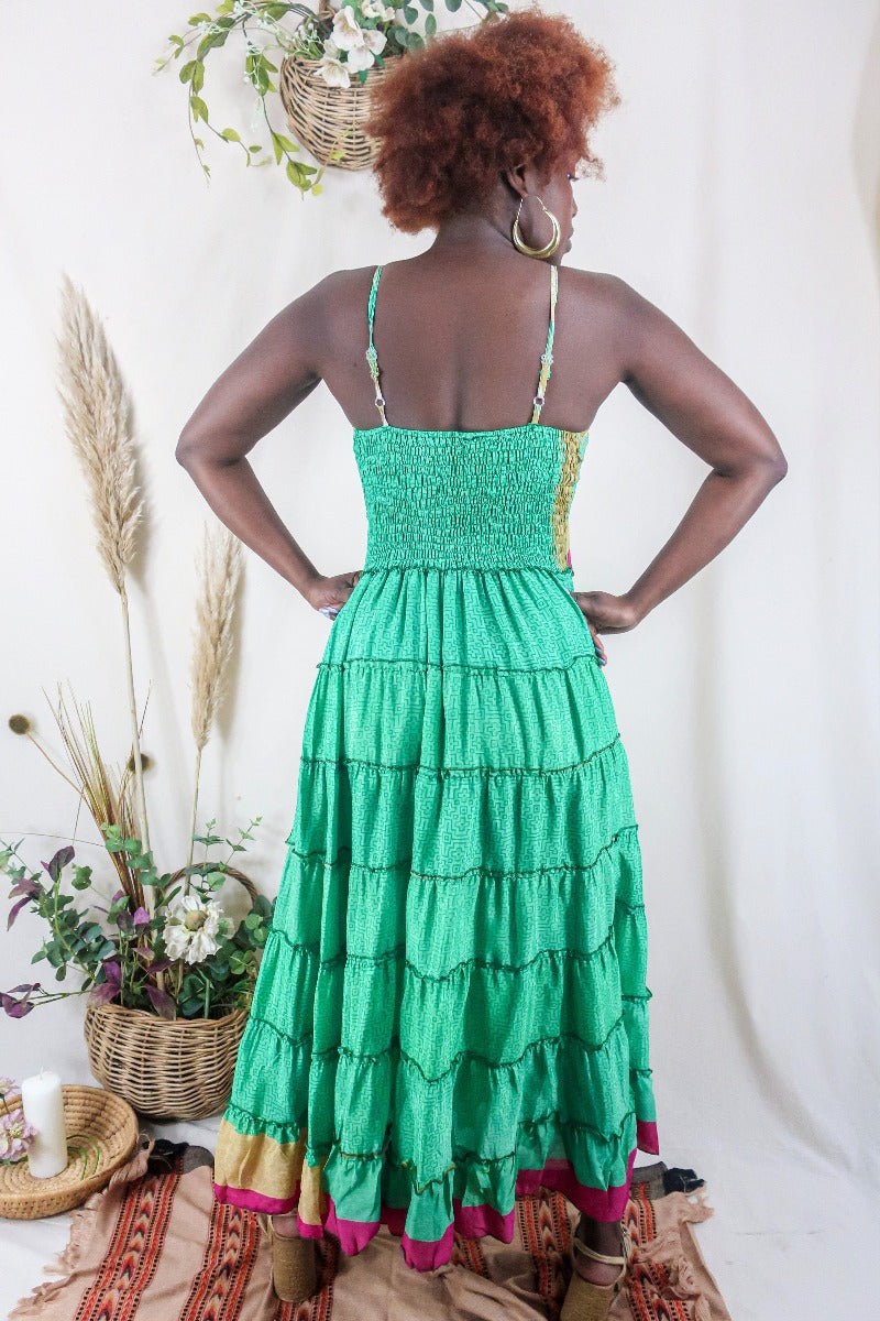 Delilah Maxi Dress - Seafoam Green & Gold - Vintage Sari - Free Size L By All About Audrey