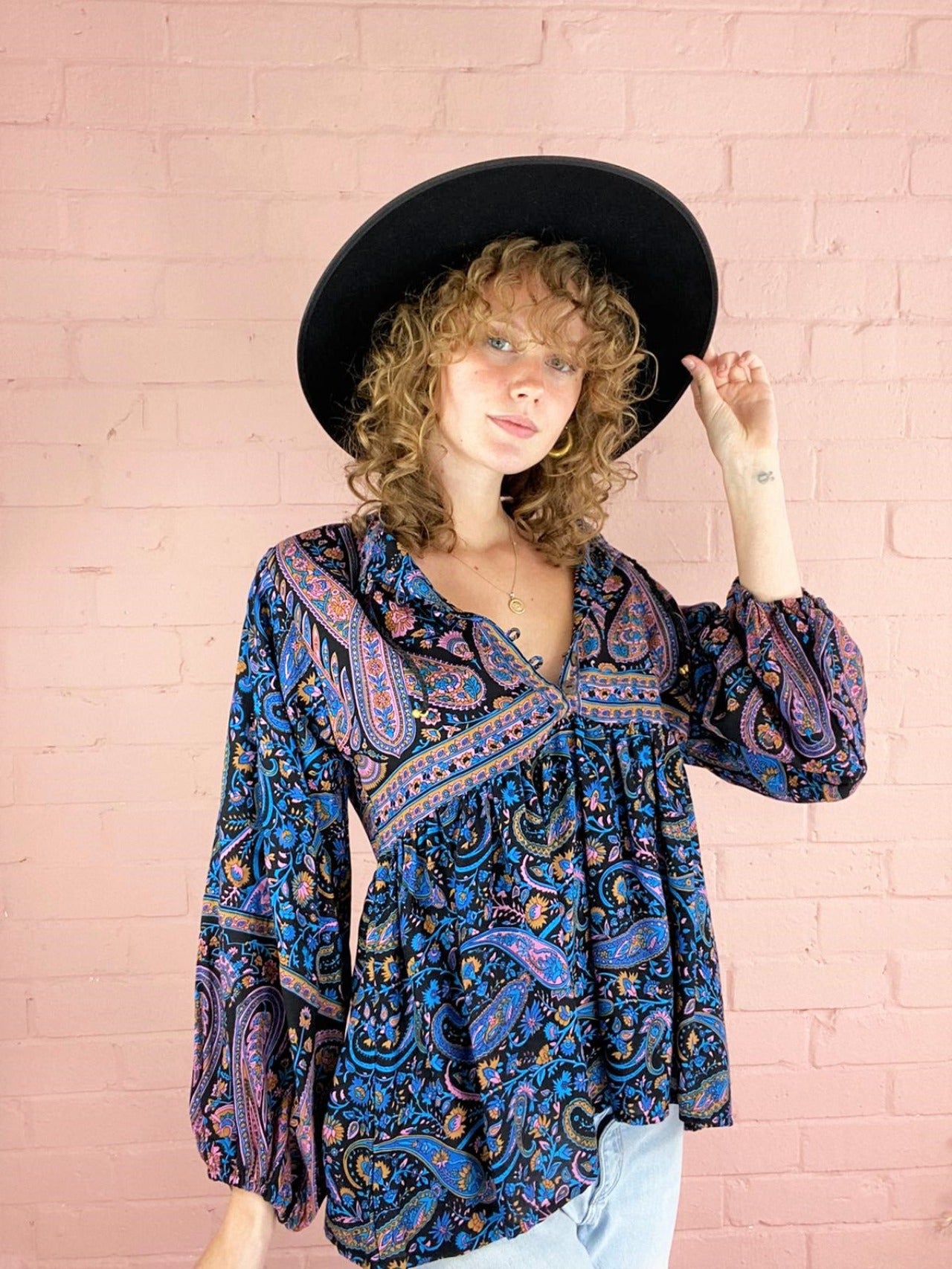 Florence Smock Top in Midnight Sapphire Paisley Floral