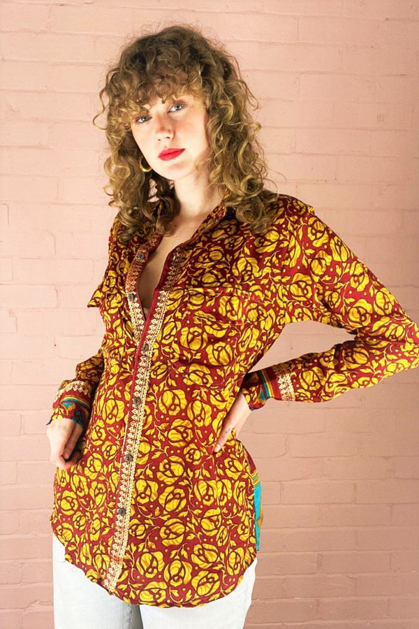 Clyde Shirt - Burnt Red & Topaz Floral - Vintage Indian Sari - XS by All About Audrey