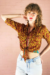 Clyde Shirt - Burnt Red & Topaz Floral - Vintage Indian Sari - XS by All About Audrey