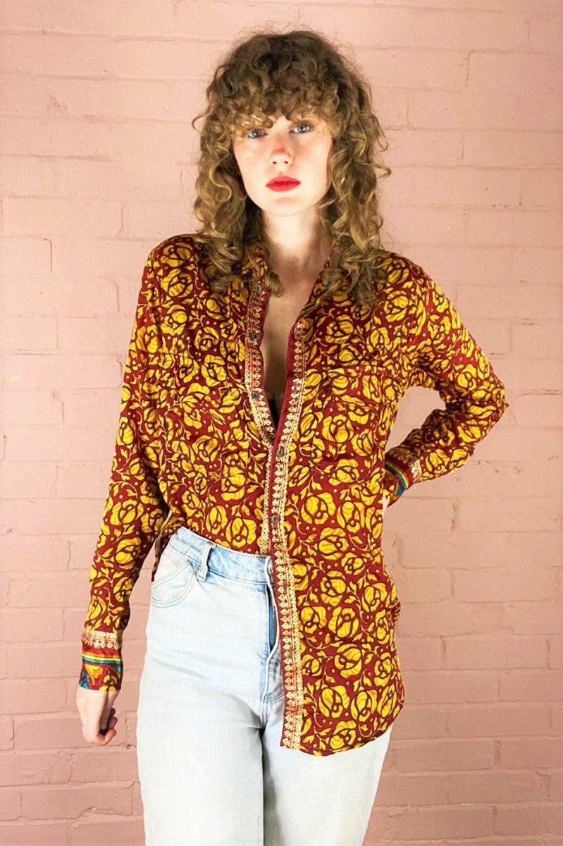 Clyde Shirt - Burnt Red & Topaz Floral - Vintage Indian Sari - XS by All About Audrey