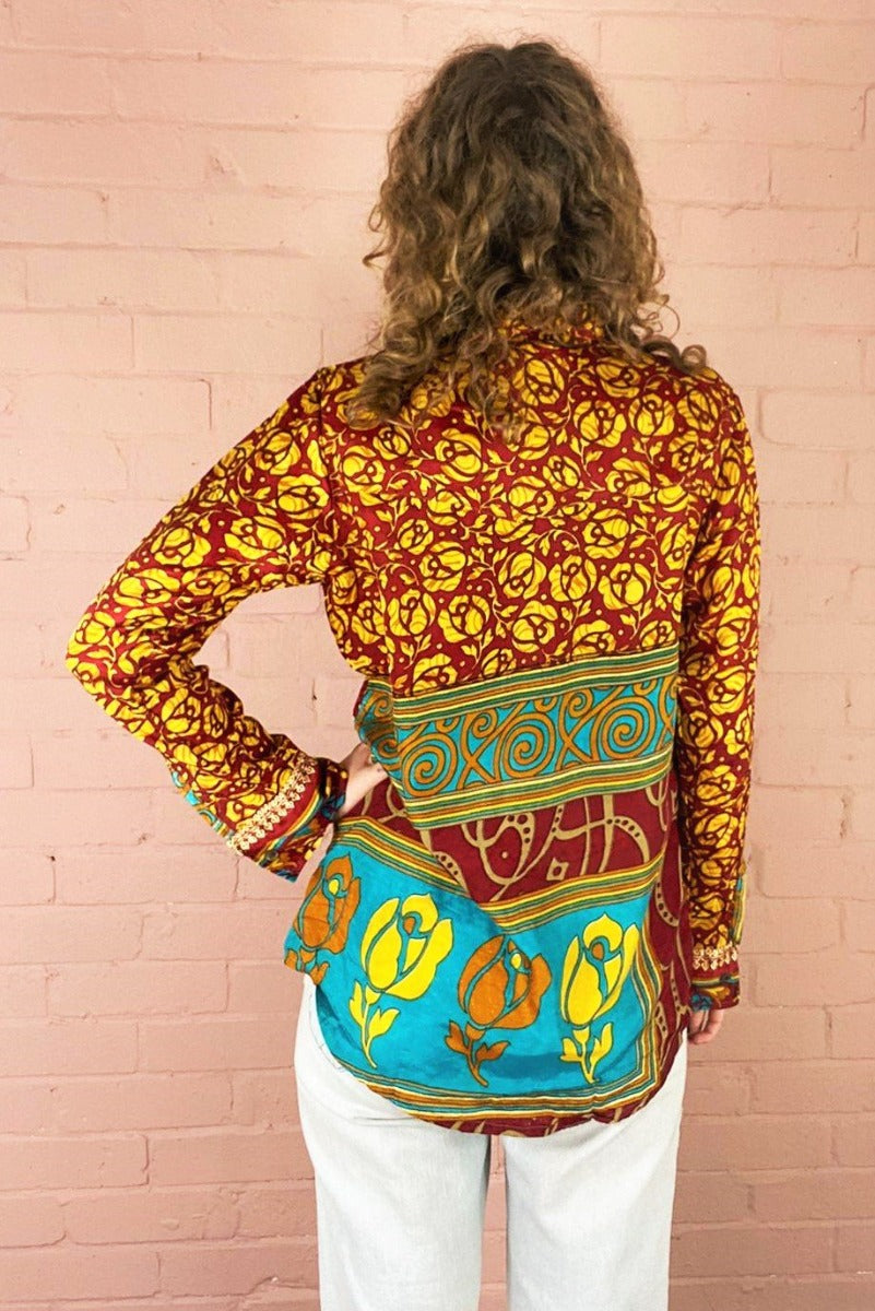 Clyde Shirt - Burnt Red & Topaz Floral - Vintage Indian Sari - XS by All About Audrey