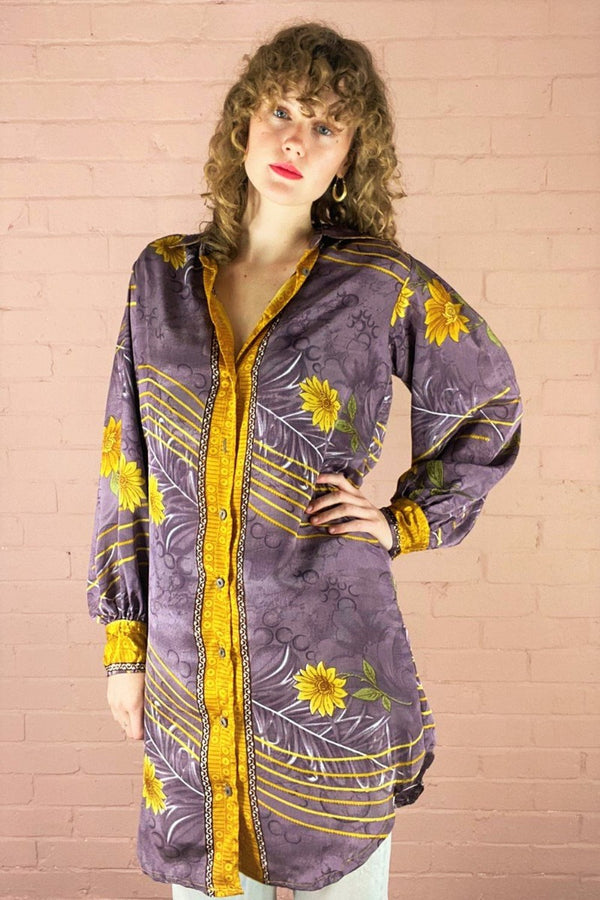 Bonnie Shirt Dress - Vintage Indian Sari - Amethyst & Gold Floral (M/L) by All About Audrey