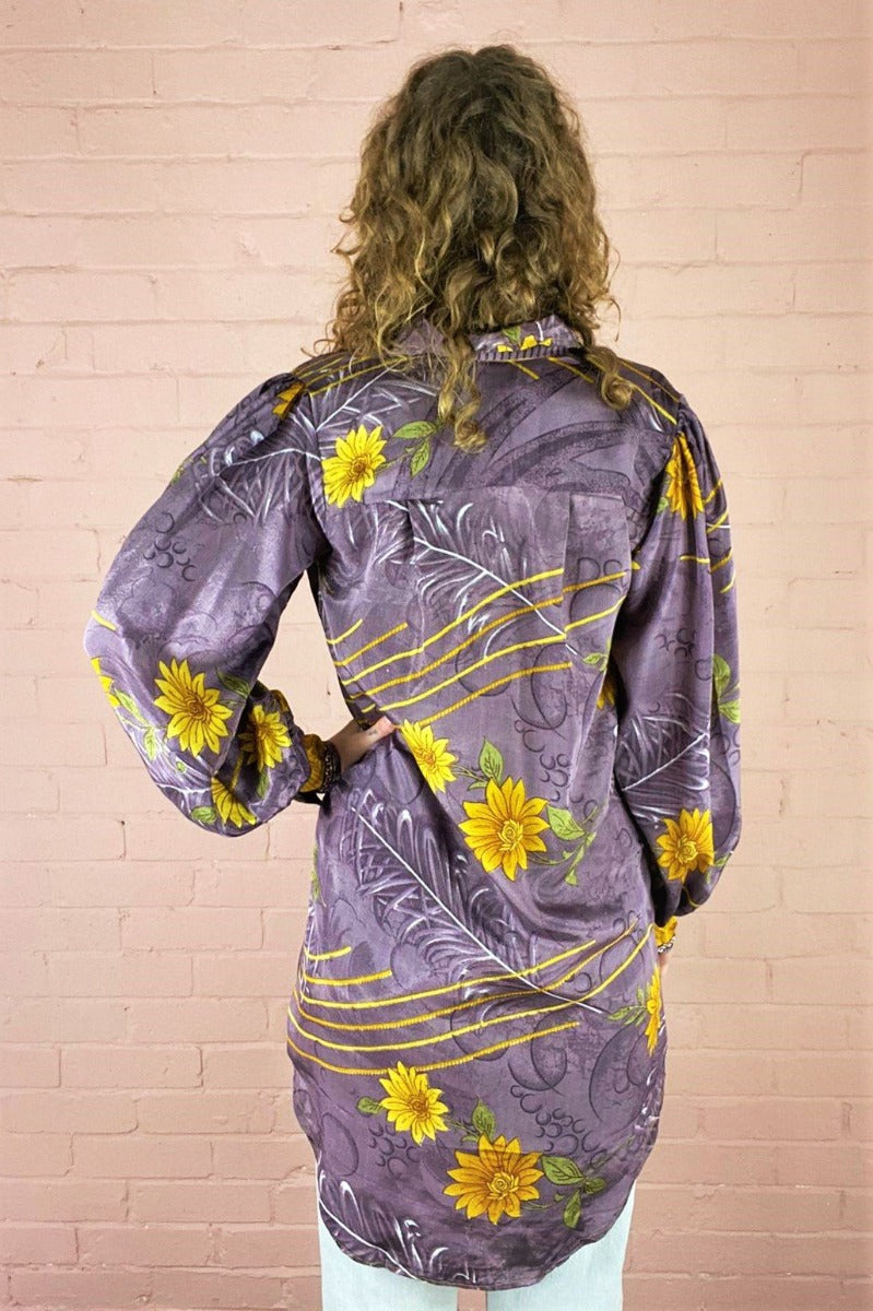 Bonnie Shirt Dress - Vintage Indian Sari - Amethyst & Gold Floral (M/L) by All About Audrey