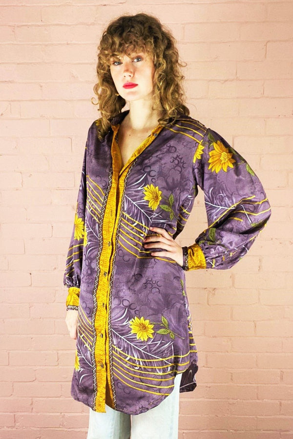 Bonnie Shirt Dress - Vintage Indian Sari - Amethyst & Gold Floral (M/L) by All About Audrey