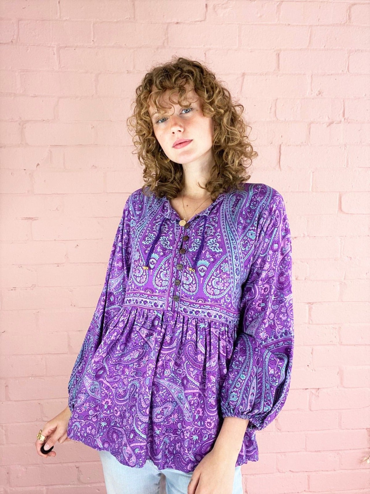 Florence Smock Top in Orchid Purple Paisley Floral