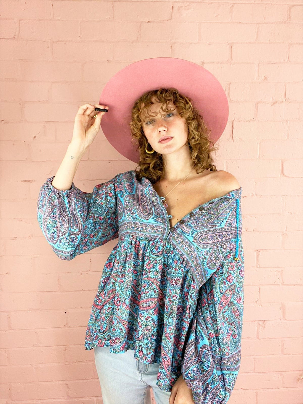 Florence Smock Top in Powder Blue & Peach Paisley Floral