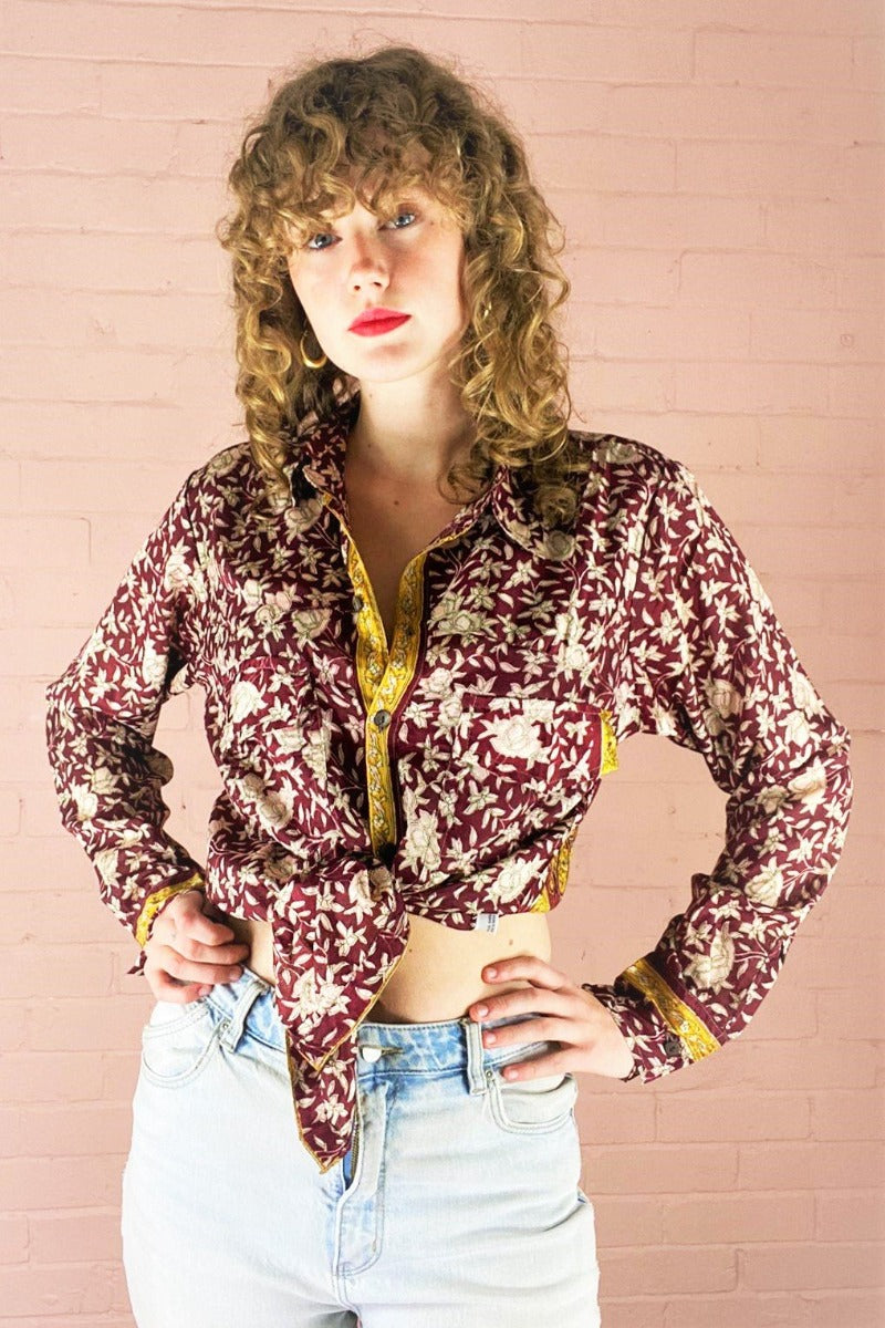 Clyde Shirt - Burgundy, Powder Pink & Gold Floral - Vintage Indian Sari - S/M by All About Audrey