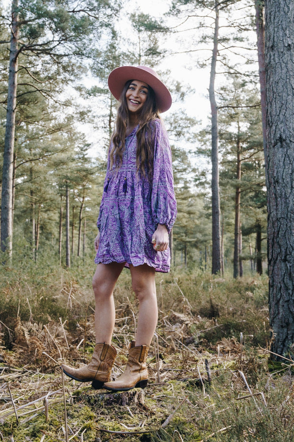 Florence Mini Dress in Orchid Purple Paisley Floral