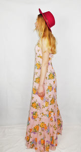 70's Vintage - Powder Pink Floral Frill Halter-neck Maxi - Size XS