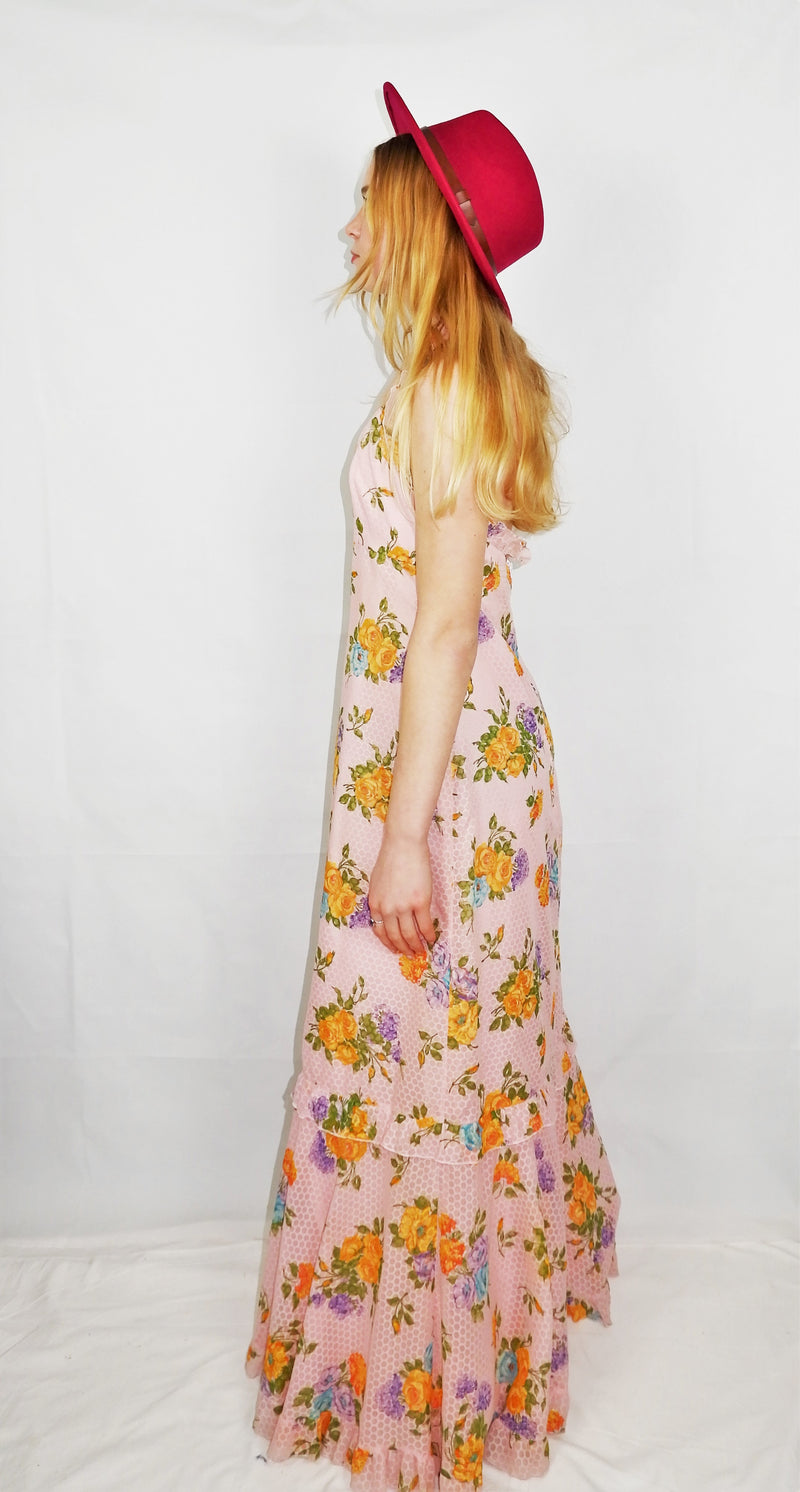 70's Vintage - Powder Pink Floral Frill Halter-neck Maxi - Size XS