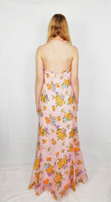 70's Vintage - Powder Pink Floral Frill Halter-neck Maxi - Size XS