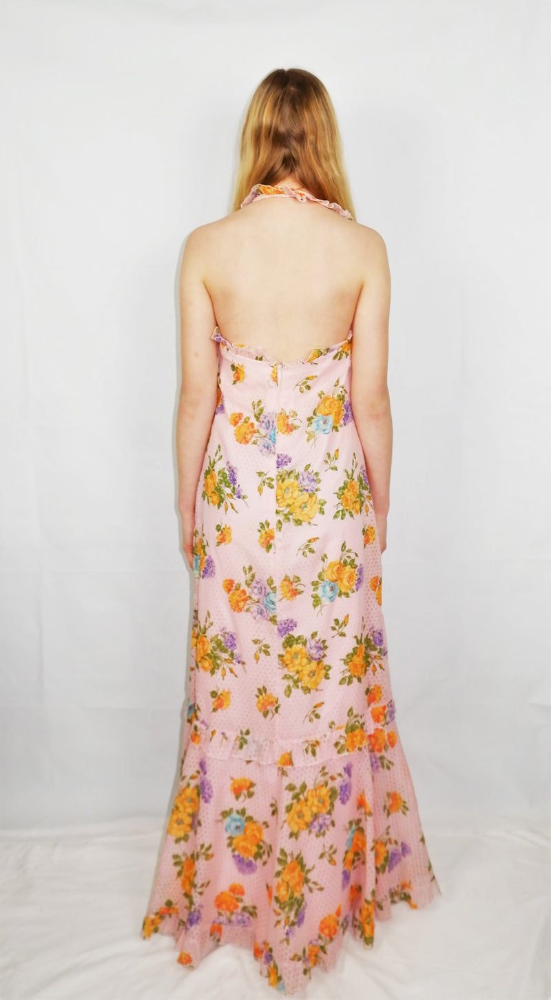 70's Vintage - Powder Pink Floral Frill Halter-neck Maxi - Size XS