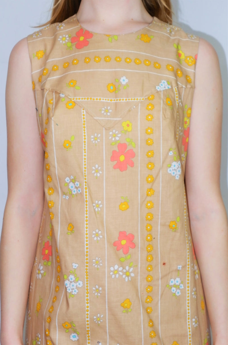 Vintage Sleeveless Dress - Flaxen, Butterscotch & Rose Floral - Size S
