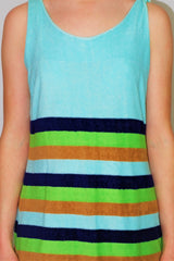 70's Vintage Dress - Vibrant Aqua Striped Sundress - Size S