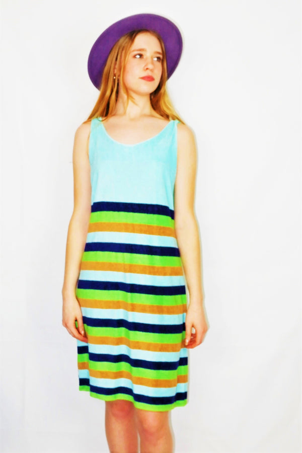 70's Vintage Dress - Vibrant Aqua Striped Sundress - Size S