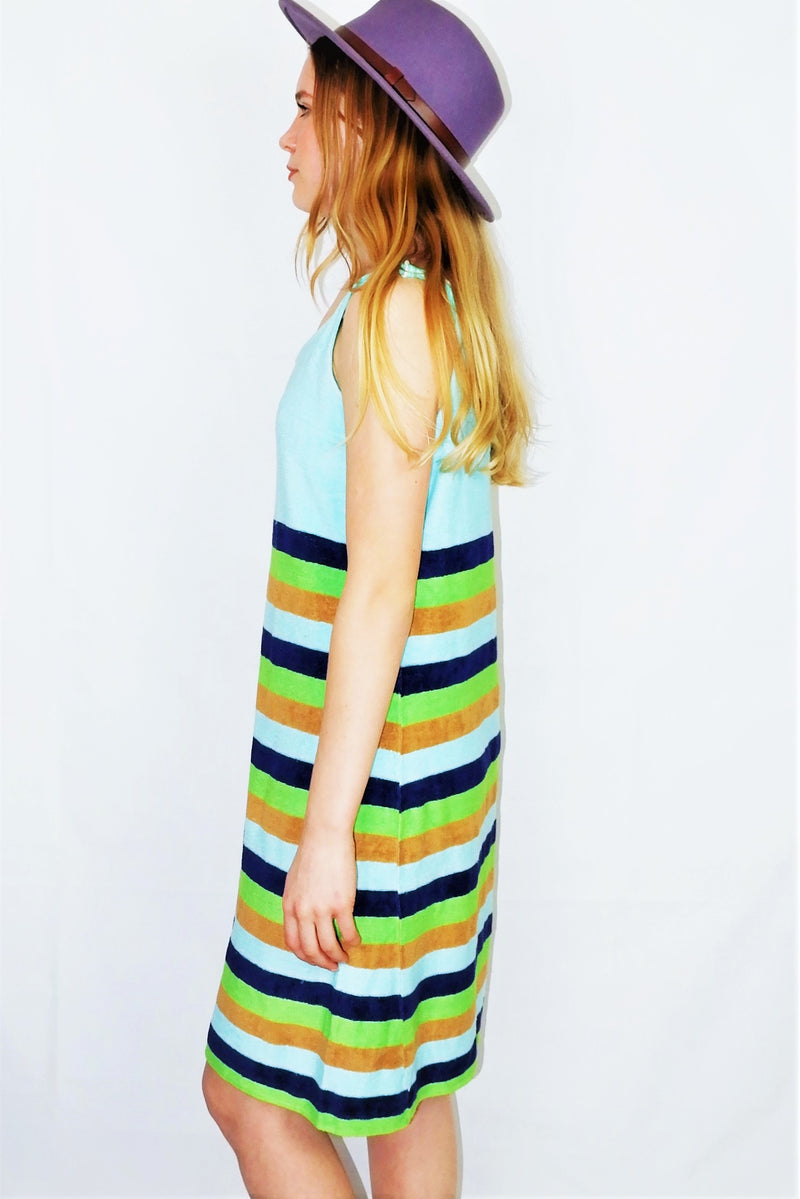 70's Vintage Dress - Vibrant Aqua Striped Sundress - Size S