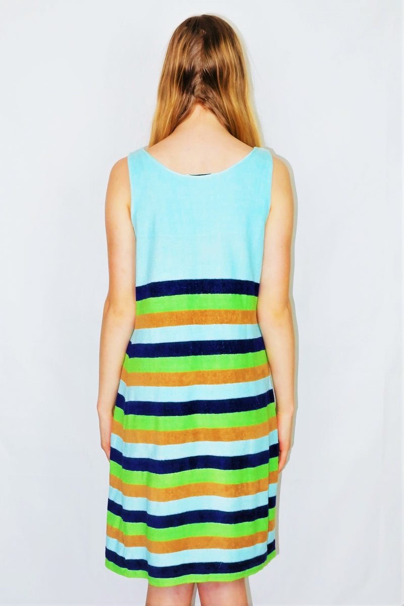 70's Vintage Dress - Vibrant Aqua Striped Sundress - Size S