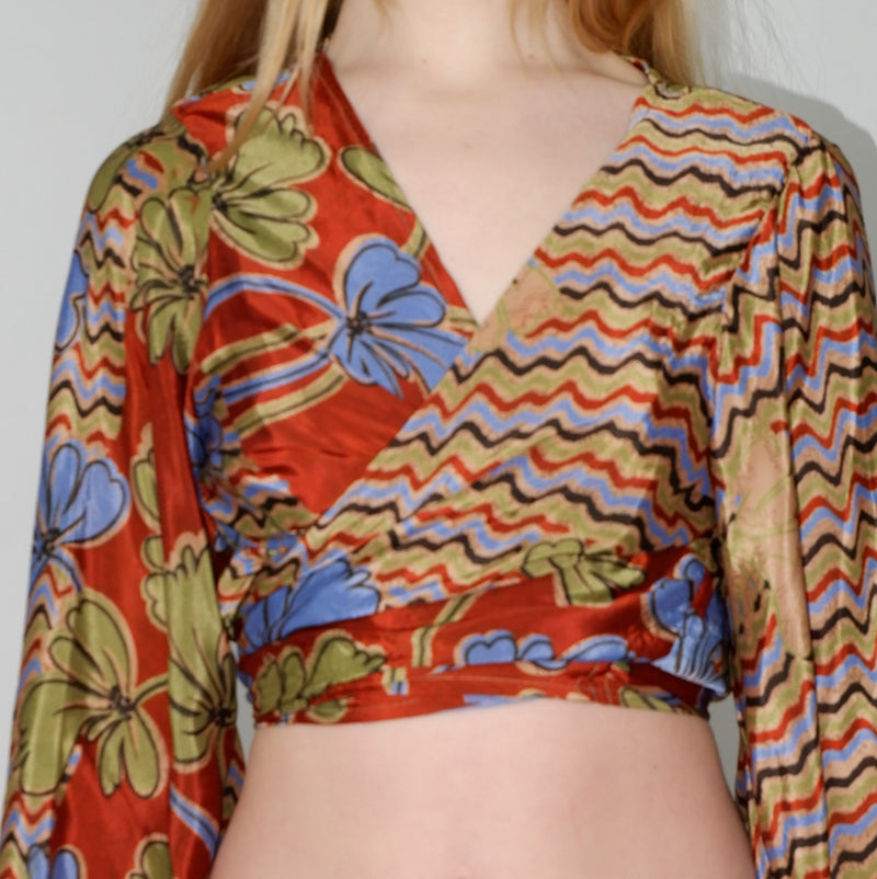 Gemini Wrap Top - Vintage Indian Sari - Clay, Aegean & Green Graphic Floral - M/L