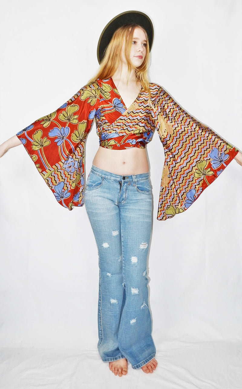 Gemini Wrap Top - Vintage Indian Sari - Clay, Aegean & Green Graphic Floral - M/L
