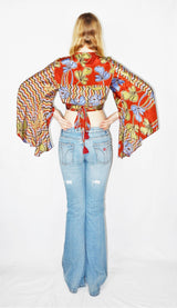 Gemini Wrap Top - Vintage Indian Sari - Clay, Aegean & Green Graphic Floral - M/L