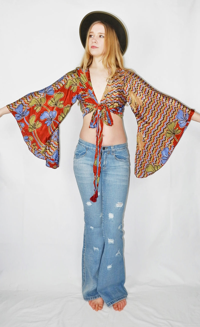 Gemini Wrap Top - Vintage Indian Sari - Clay, Aegean & Green Graphic Floral - M/L
