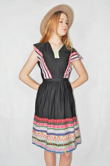 70's Vintage Dress - Black Patchwork Pointed sleeve Midi - Size XS