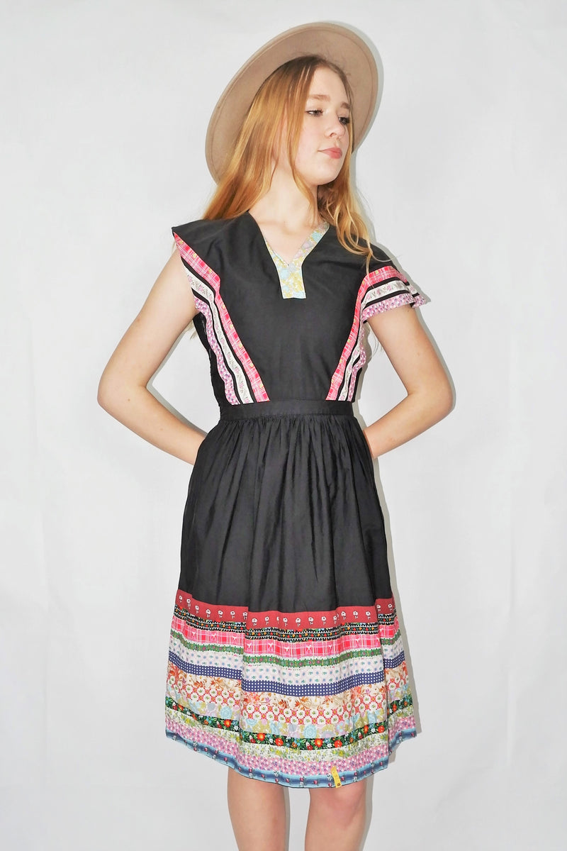 70's Vintage Dress - Black Patchwork Pointed sleeve Midi - Size XS