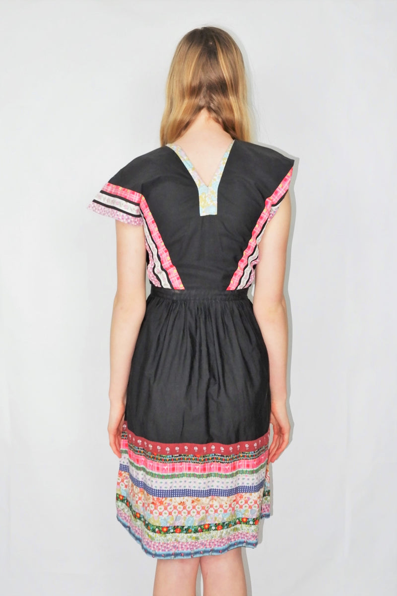 70's Vintage Dress - Black Patchwork Pointed sleeve Midi - Size XS