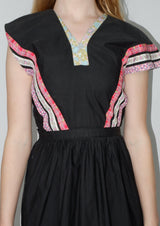 70's Vintage Dress - Black Patchwork Pointed sleeve Midi - Size XS
