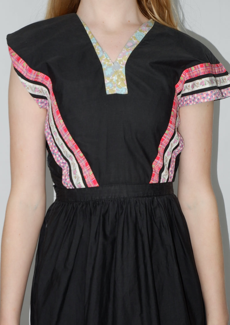 70's Vintage Dress - Black Patchwork Pointed sleeve Midi - Size XS