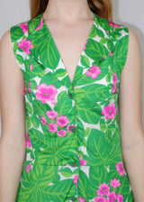 70's Vintage - Tropical Shirt Dress - Green & Pink Floral - Size XXS