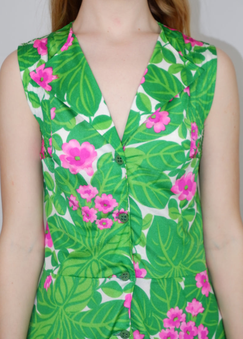 70's Vintage - Tropical Shirt Dress - Green & Pink Floral - Size XXS