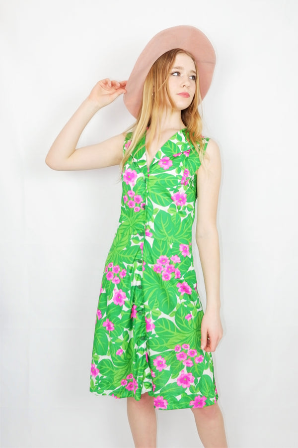 70's Vintage - Tropical Shirt Dress - Green & Pink Floral - Size XXS