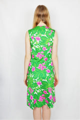 70's Vintage - Tropical Shirt Dress - Green & Pink Floral - Size XXS