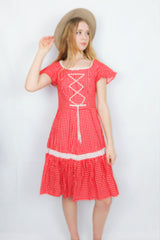 70s Vintage Prairie Dress - Sweet Red & White Floral Crochet - Size XS