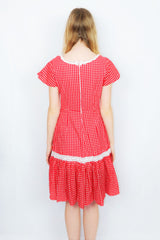 70s Vintage Prairie Dress - Sweet Red & White Floral Crochet - Size XS