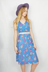 70's Vintage - Halter-Neck Skater Dress - Blue Floral - Size XXS