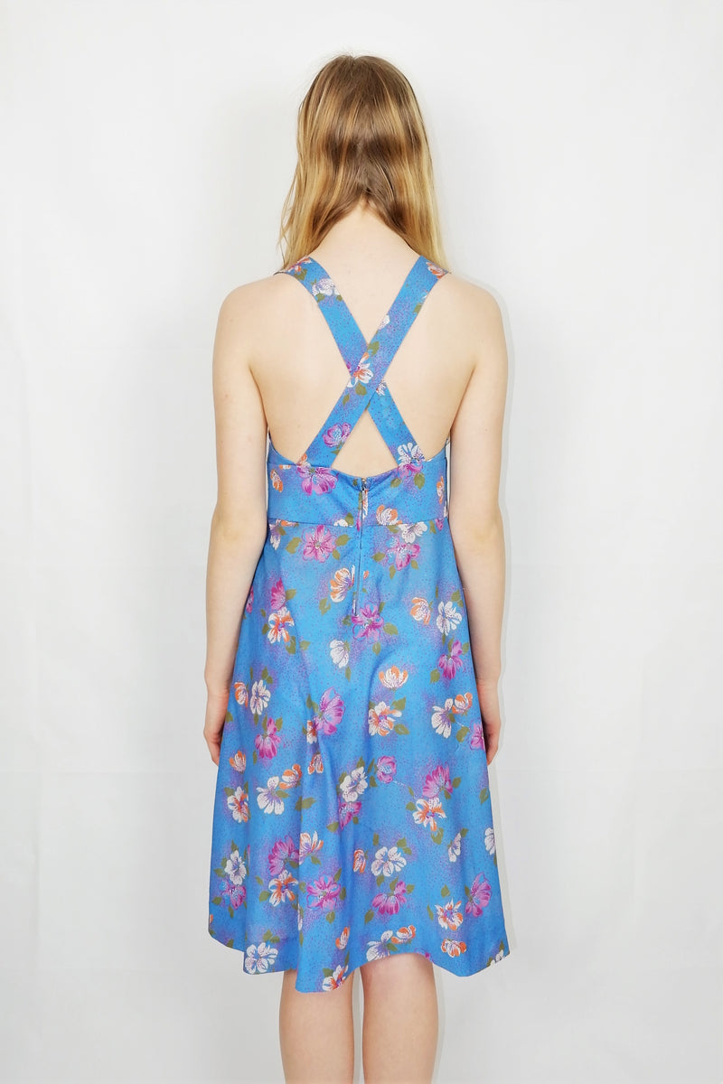 70's Vintage - Halter-Neck Skater Dress - Blue Floral - Size XXS