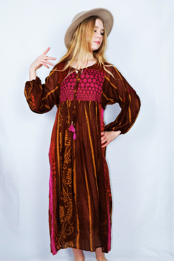 Daisy Midi Smock Dress - Vintage Indian Cotton - Spice, Gold & Pink Graphic - S/M