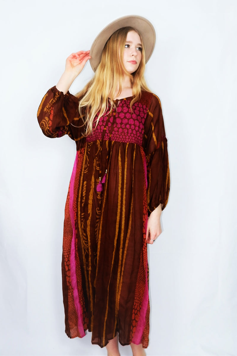 Daisy Midi Smock Dress - Vintage Indian Cotton - Spice, Gold & Pink Graphic - S/M