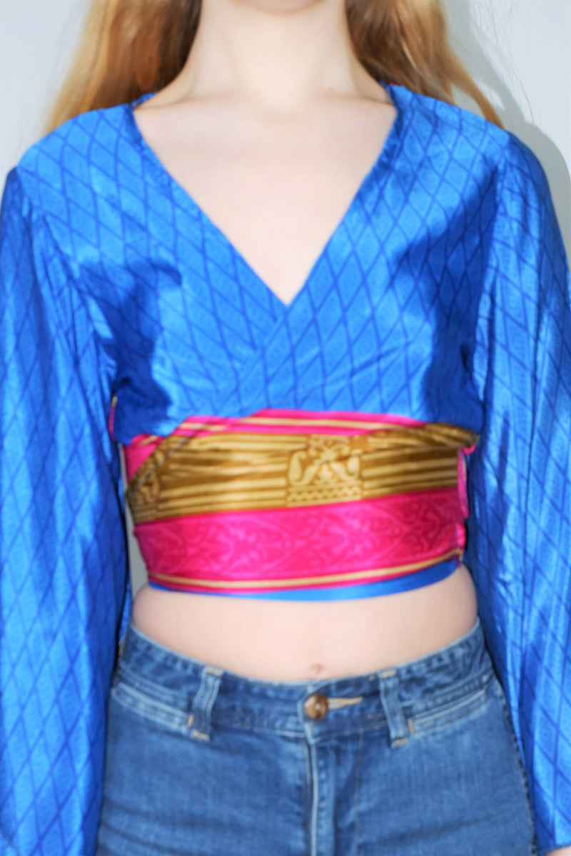 Gemini Wrap Top -  Vintage Sari - Deep Lapis & Magenta Graphic - S/M
