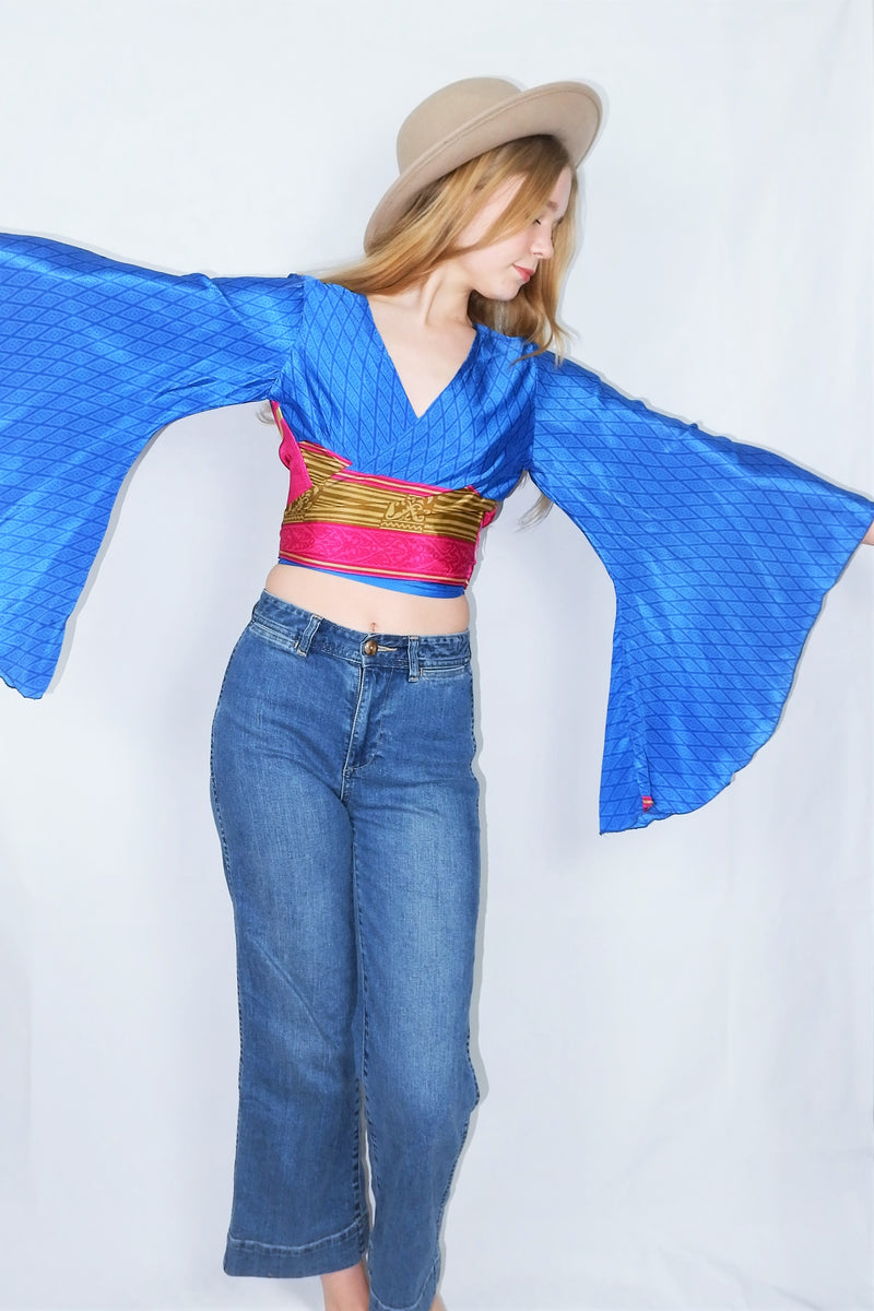Gemini Wrap Top -  Vintage Sari - Deep Lapis & Magenta Graphic - S/M