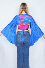 Gemini Wrap Top -  Vintage Sari - Deep Lapis & Magenta Graphic - S/M