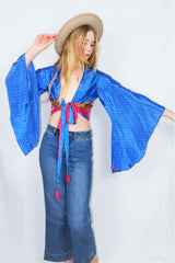Gemini Wrap Top -  Vintage Sari - Deep Lapis & Magenta Graphic - S/M