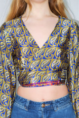 Gemini Wrap Top -  Vintage Sari - Precious Azure & Olive Paisley - S/M