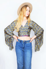 Gemini Wrap Top -  Vintage Sari - Precious Azure & Olive Paisley - S/M